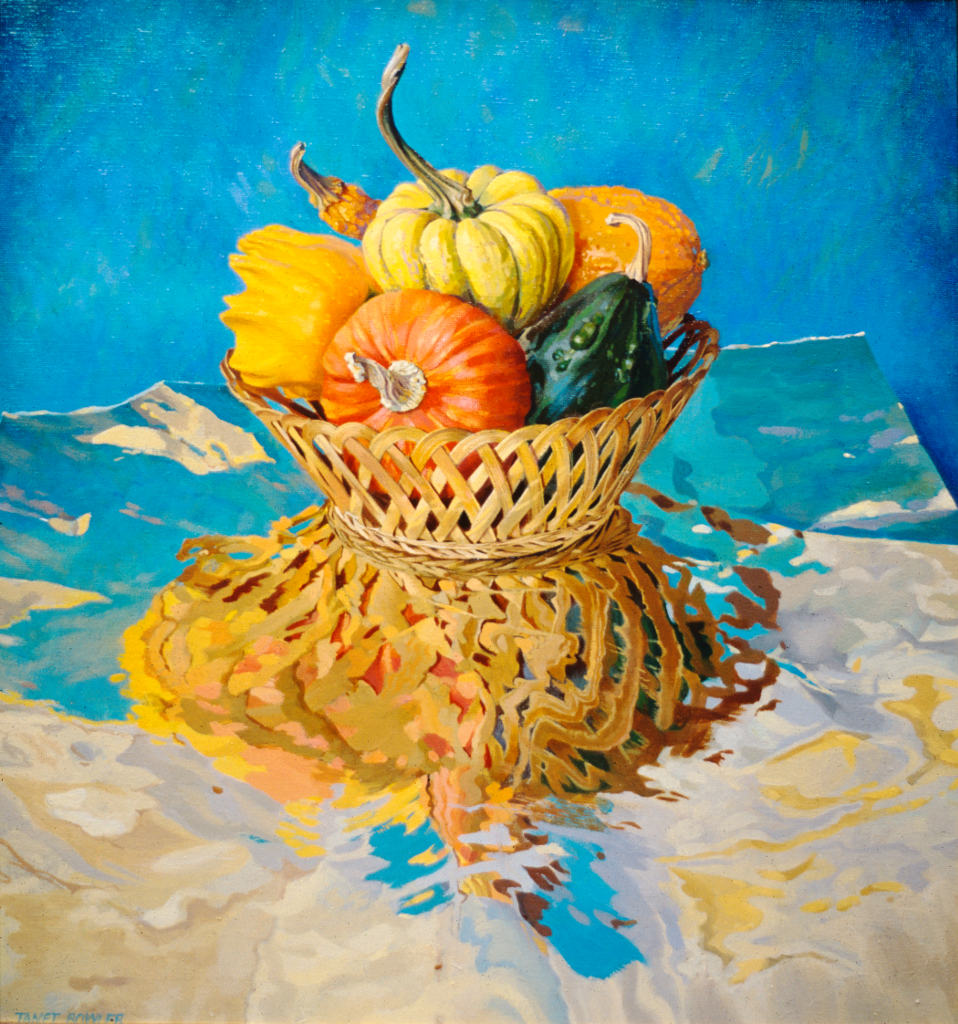 Still-life "Harvest Reflected" Gourds in a basket reflected on shiny paper.