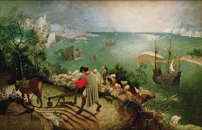 "Landscape with the Fall of Icarus"  thought to be by Pieter Bruegel the Elder